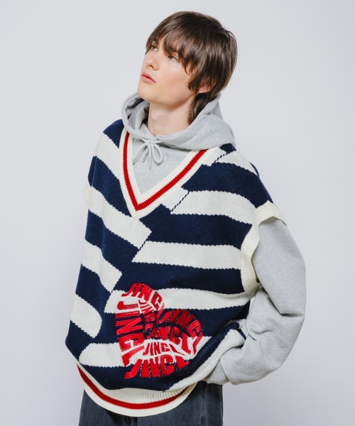 JINCL（ジンクル） ベスト ジレ ボーダーニットベスト メンズ