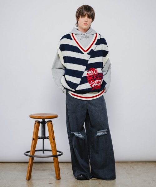 JINCL（ジンクル） ベスト ジレ ボーダーニットベスト メンズ