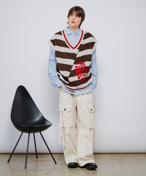 JINCL（ジンクル） ベスト ジレ ボーダーニットベスト メンズ