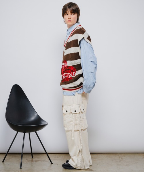 JINCL（ジンクル） ベスト ジレ ボーダーニットベスト メンズ