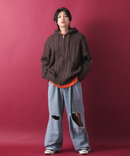 パーカー a.p.o.v. ミックス編みケーブルニットジップアップパーカー