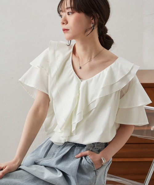 ハーフスリーブフリルブラウス リリーブラウン ホワイト LILY BROWN