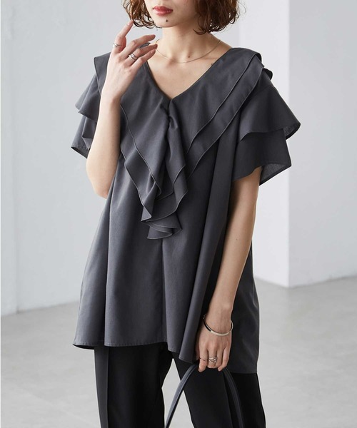 RANAN（ラナン） ブラウス シャツ ビッグカラーフリルハーフスリーブ