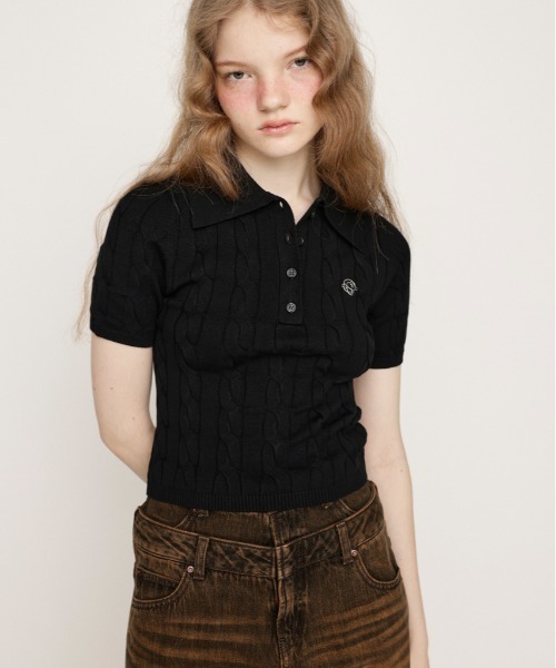 THE TOE ネイビー ケーブルニットポロシャツ Sサイズ SLY ニット セーター 「再入荷」CABLE POLO KNIT TOPS ケーブル