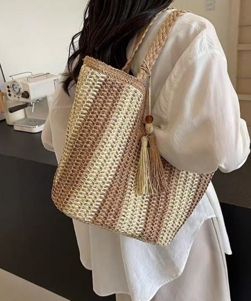 カゴバッグ　ショルダーかごバッグ　⭐︎即日配送 かごバッグ カゴバッグ ストライプ ストローかごバッグ
