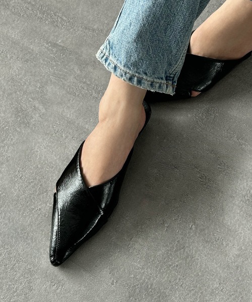 LOWO パンプス メタリック Vカット フラット ポインテッドトゥ