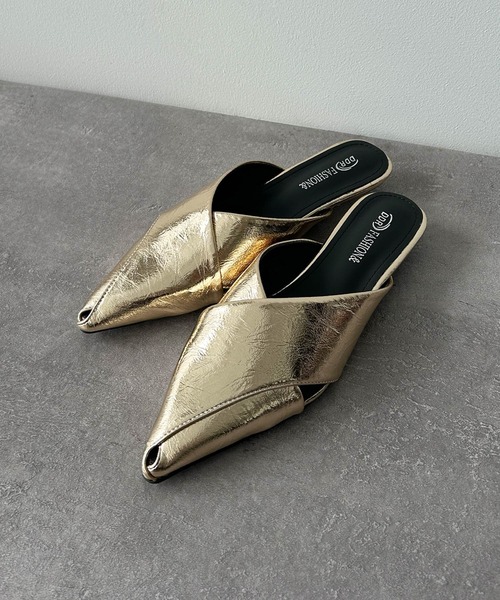 LOWO パンプス メタリック Vカット フラット ポインテッドトゥ