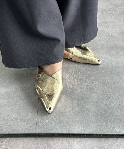 LOWO パンプス メタリック Vカット フラット ポインテッドトゥ