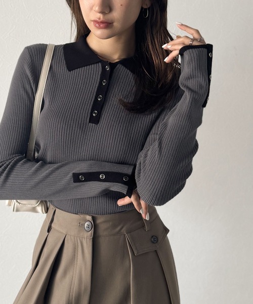 可愛い♡美品 ルネ 白襟リブニット パール Sサイズ　バイカラー 大人気 伸縮性 バイカラー 襟付き ニット