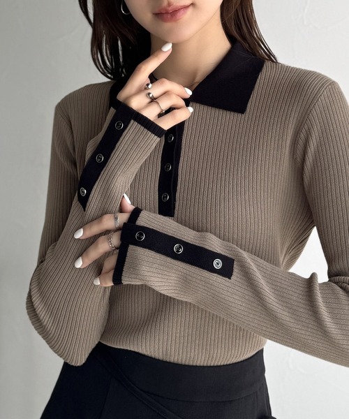 ニット セーター 「mily bilet」トレンドの襟付きデザインで洗練されたスタイルに♪金縁ボタン使いリブポロニット（長袖） レディース