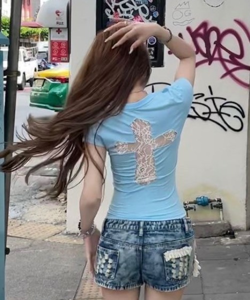最愛 DIAVEL tシャツ 「2色展開」レースクロス背中あきTシャツ トップス
