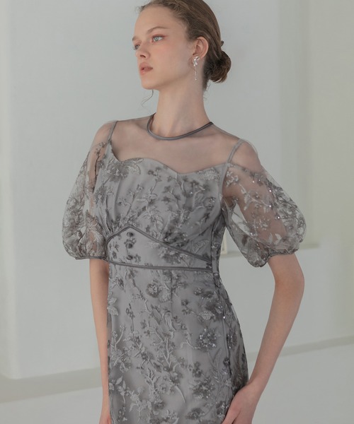 mimimi【leja】パーティードレス　結婚式ドレス Leja ドレス 「LEJA」パールビジュー付き透け感プリーツフレア