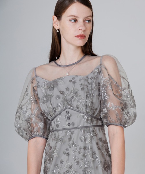 Leja （レジャ）ワンピース　パフスリーブ　結婚式オケージョンドレス Leja ドレス 「LEJA」フラワーディテールパフスリーブIライン
