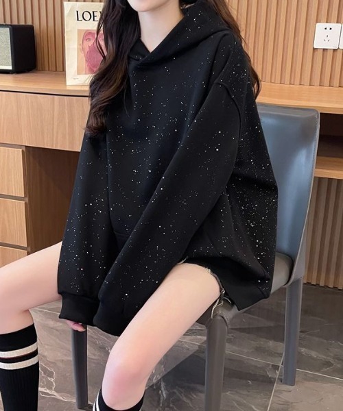 パーカー ラメグリッターオーバーサイズフーディー/キラキラパーカー