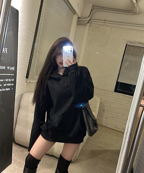 パーカー ラメグリッターオーバーサイズフーディー/キラキラパーカー