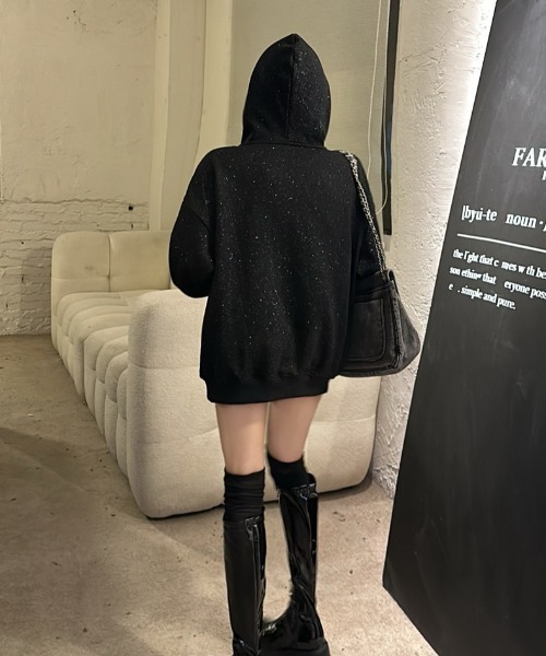 パーカー ラメグリッターオーバーサイズフーディー/キラキラパーカー