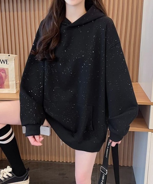 パーカー ラメグリッターオーバーサイズフーディー/キラキラパーカー