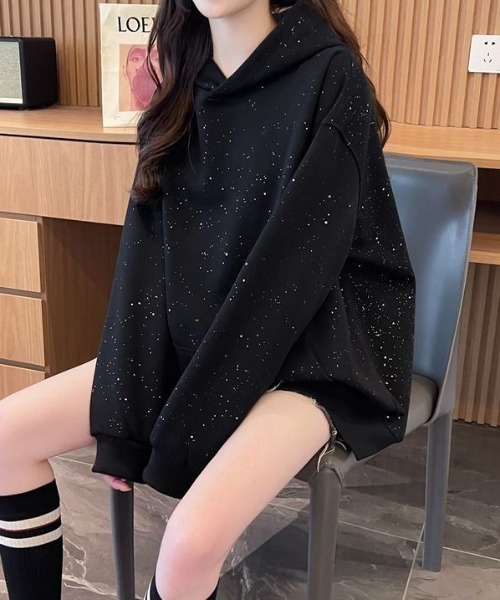 パーカー ラメグリッターオーバーサイズフーディー/キラキラパーカー