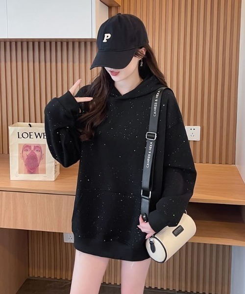 パーカー ラメグリッターオーバーサイズフーディー/キラキラパーカー