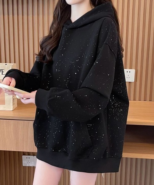 パーカー ラメグリッターオーバーサイズフーディー/キラキラパーカー