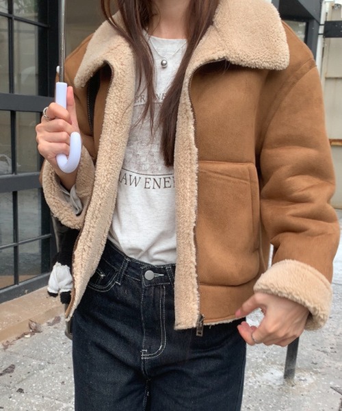 shyam inspiration ムートンコート ボアコート ムートン風襟袖ボア