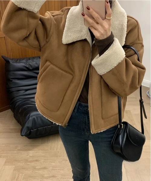 shyam inspiration ムートンコート ボアコート ムートン風襟袖ボア