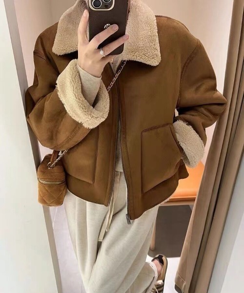 shyam inspiration ムートンコート ボアコート ムートン風襟袖ボア