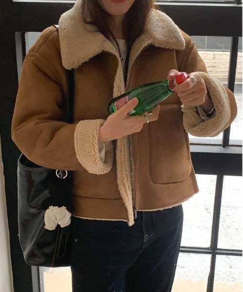 ムートンコート ジャケット アウター スエード ボア キャメル ベージュ 襟付き ムートンコート ボアコート Reversible suede boa Jacket レディース
