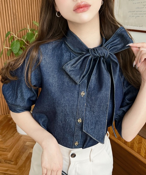 「moment+」 半袖ブラウス M ブルー レディース_画像5