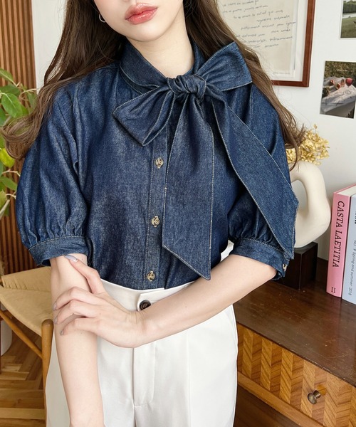 「moment+」 半袖ブラウス M ブルー レディース_画像6