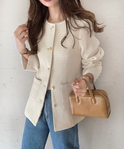 「LAUIR」 ツイードジャケット X-LARGE モカ レディース_画像3