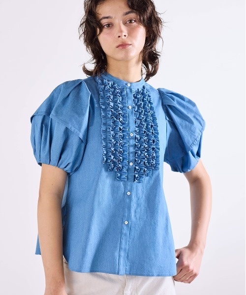 美品 Marilyn Moonマリリンムーン タックフリルブラウス ブルー Marilyn Moon（マリリンムーン） ブラウス シャツ modern tuck frill