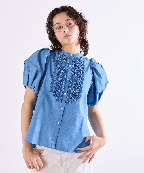 美品 Marilyn Moonマリリンムーン タックフリルブラウス ブルー Marilyn Moon（マリリンムーン） ブラウス シャツ modern tuck frill