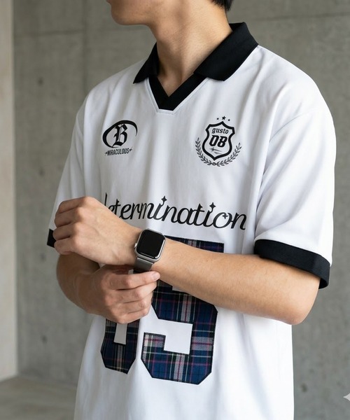 8 tシャツ チェック貼り付けサッカーTシャツ メンズ レディース