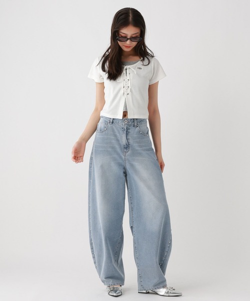 ワイドパンツ パンツ スタッズカーブDNMパンツ キッズ 子供服 女の子の画像