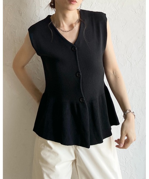 She's Closet ベスト ジレ ノースリーブ Vネック 前ボタン ペプラム