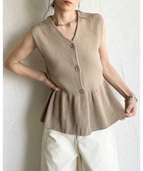 She's Closet ベスト ジレ ノースリーブ Vネック 前ボタン ペプラム