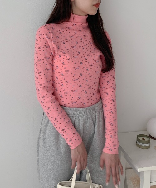 me 花柄 ハイネック長袖トップス ピンク ニット セーター フラワー柄 ハイネック 長袖カットソートップス