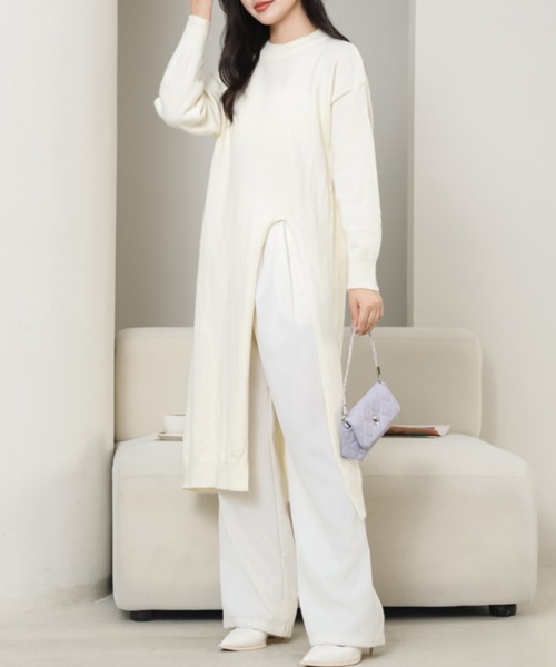 mame kurogouchi サイドスリットニットワンピース Lace Ladies（レースレディース） ワンピース クルーネック サイド