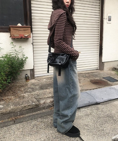 anyonemore パーカー ボーダー柄フード付きニットTシャツ