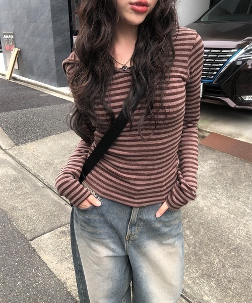 anyonemore パーカー ボーダー柄フード付きニットTシャツ