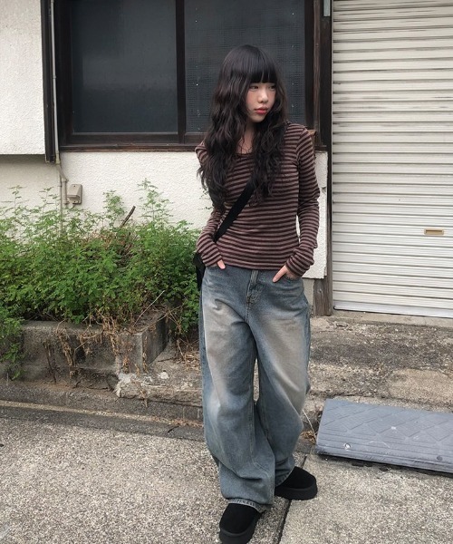 anyonemore パーカー ボーダー柄フード付きニットTシャツ