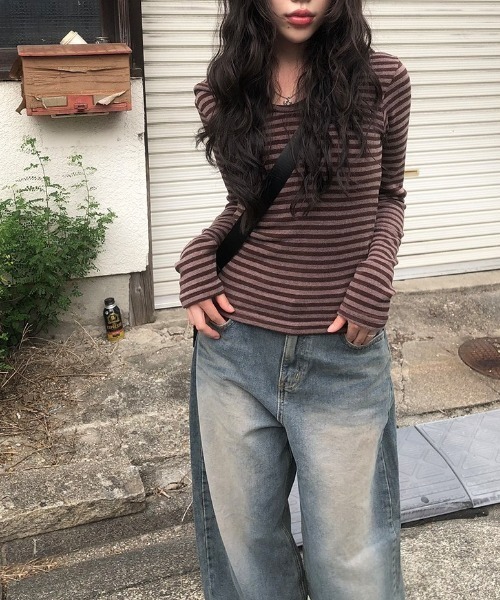 anyonemore パーカー ボーダー柄フード付きニットTシャツ