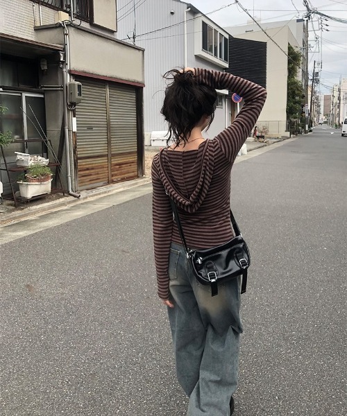 anyonemore パーカー ボーダー柄フード付きニットTシャツ