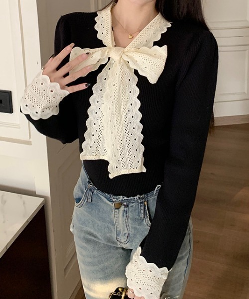ニット セーター リボンレースタイ切り替えリブニット レディース