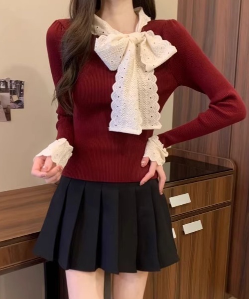 FURFUR 2色切り替えニット セーターレースアップリボン FURFUR （ファーファー)シャイニーリボンセーター 24秋冬【RWNT245064