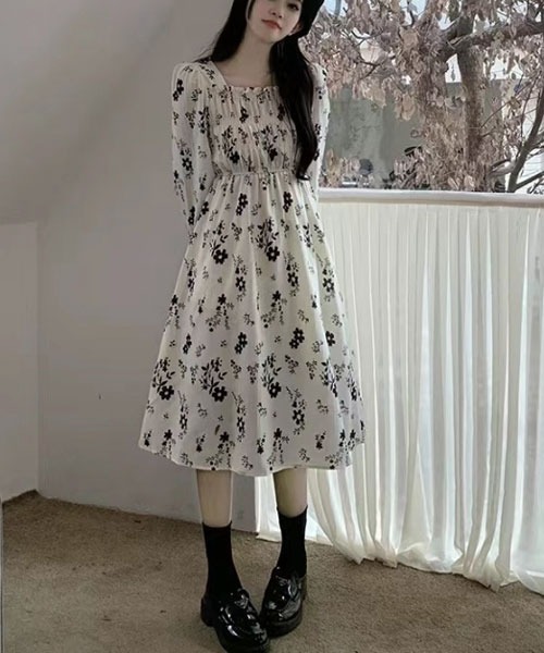 i-dare ワンピース 「i-dare」花柄 シャーリング 長袖 ワンピース