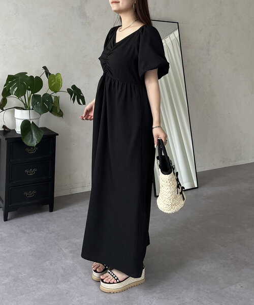 シャーリング Vネック 半袖ワンピース ピンクワンピース オシャレ 注目 PROPORTION BODY DRESSING｜ウエストシャーリングVネック
