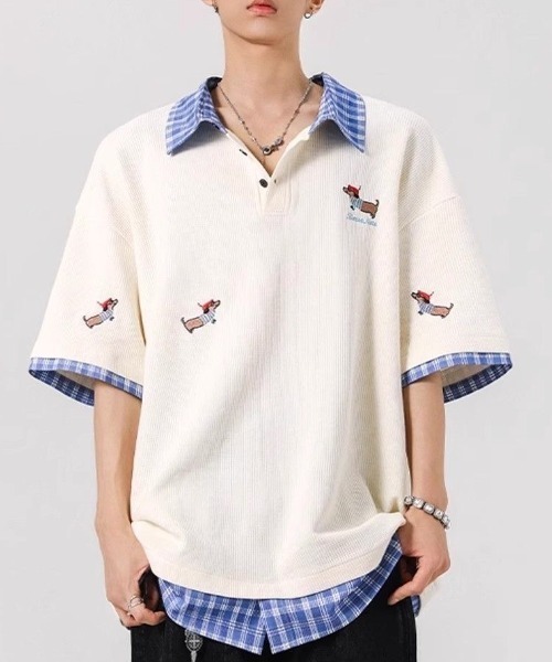 FreeZone tシャツ レイヤード風チェック襟ポロシャツ メンズ