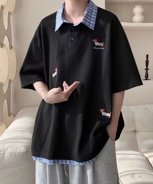 FreeZone tシャツ レイヤード風チェック襟ポロシャツ メンズ